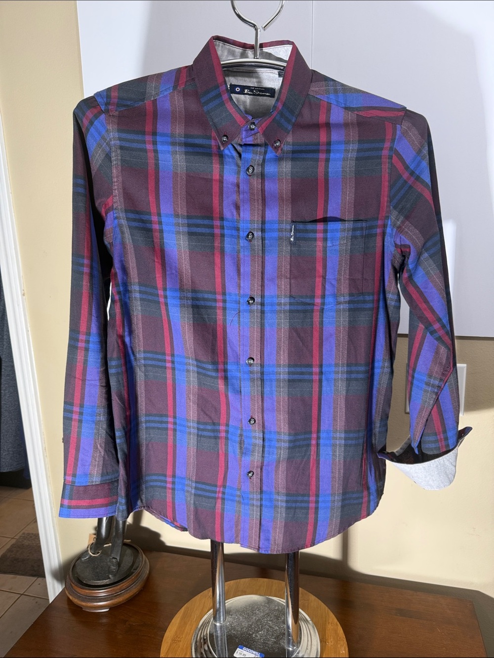 Ben Sherman Burgundy, Blue and Black Plaid Button-Down Shirt